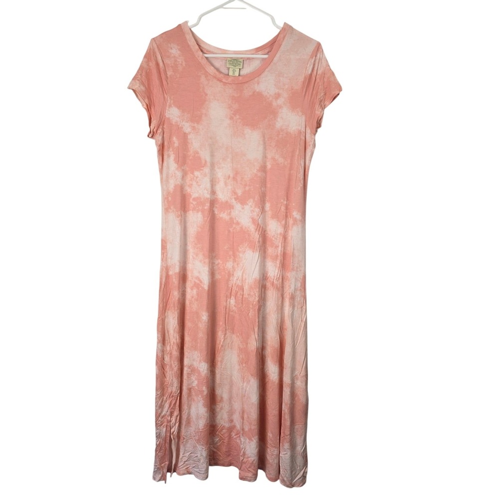 Telluride Cothing Company Tye Die Midi Dress L Womens Pink White Stretchy Beachy